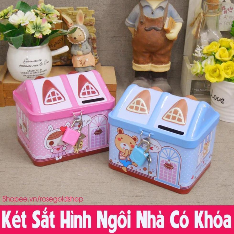 Két Sắt Ống Heo Tiết Kiệm Hình Ngôi Nhà Có Khóa Mini Cho Bé - Màu Hồng