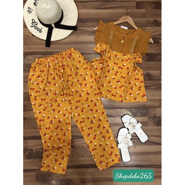Đồ bộ nữ,đồ ngủ mặc nhà lửng 9 tấc vải lụa phối tằm ý hoạ tiết hoa dễ thương size 45-57kg.