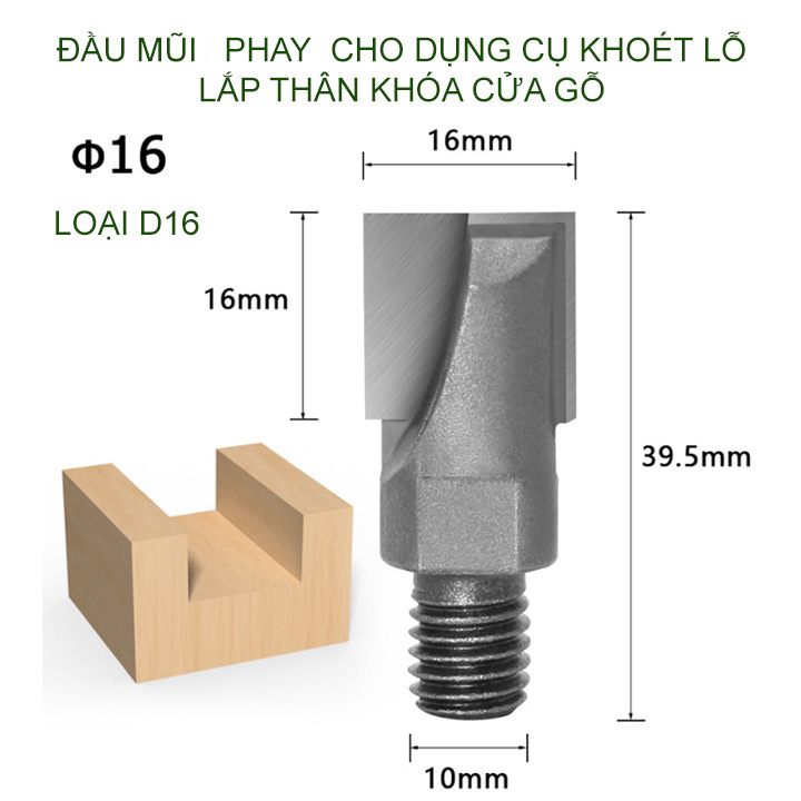 Đầu mũi phay khoét đục lỗ dung cho bộ khoét lỗ lắp ổ khóa cửa, lưỡi bằng Von-fram cứng, chịu mài mòn