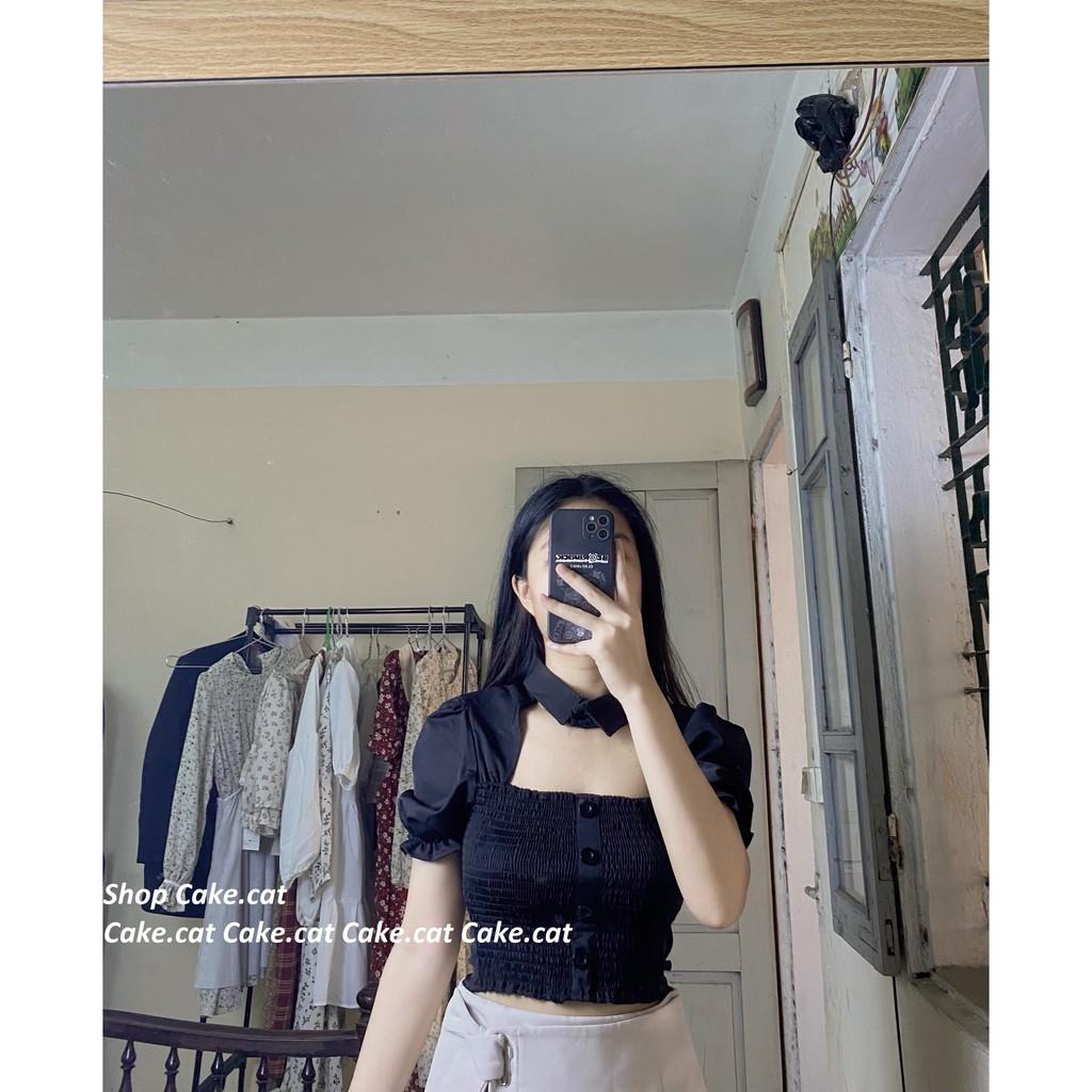 Áo croptop chun ôm người khoét ngực cổ sơ mi 2 màu trắng/ đen