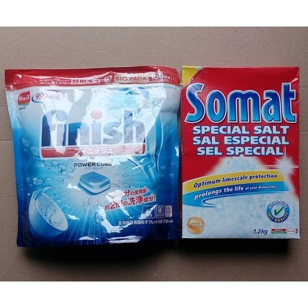 Bộ viên rửa bát Finísh 150 viên, muối rửa bát Somat 1,2 kg