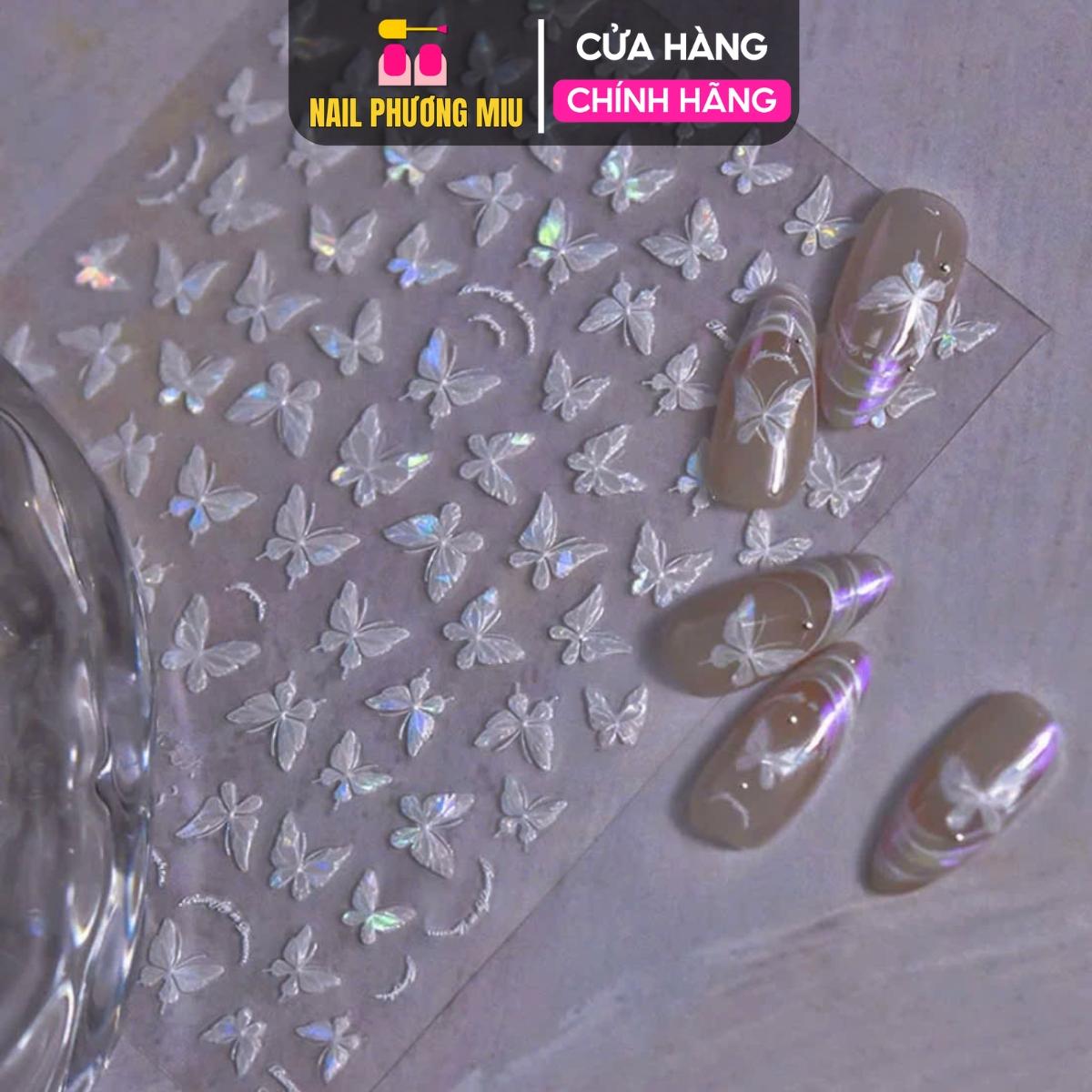 Sticker 5D Bướm Hồ Điệp MS803 Lấp Lánh Cực Quang Trắng Hồng Làm Nail Siêu Xinh, Hình Dán Móng Cánh Bướm Phản Quang Mix Size
