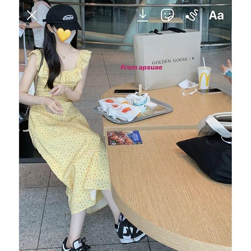 TOBE1SHOP Trà nghỉ kiểu Pháp cổ vuông tay áo nhỏ màu vàng hoa đầm nhỏ thắt lưng lộ vẻ gầy mùa hè váy dài đến mắt cá chân