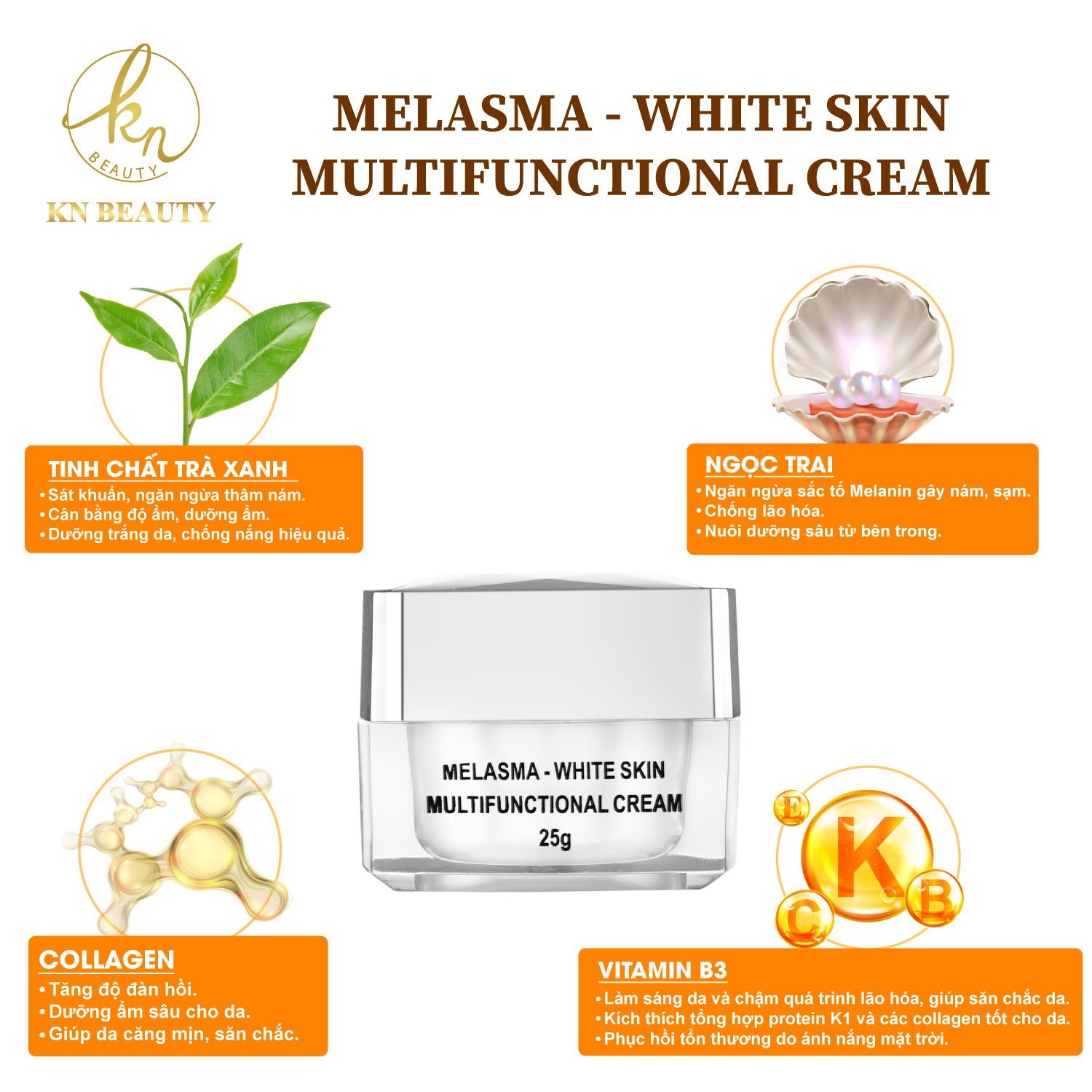 Bộ 3 sản phẩm Xóa Mờ Thâm Nám, Tàn Nhang, Đồi Mồi, Làm Trắng Da, Chống Nắng KN Beauty chuyên sâu : Kem dưỡng 25g + Serum 30ml + Tẩy tế bào chết 120ml