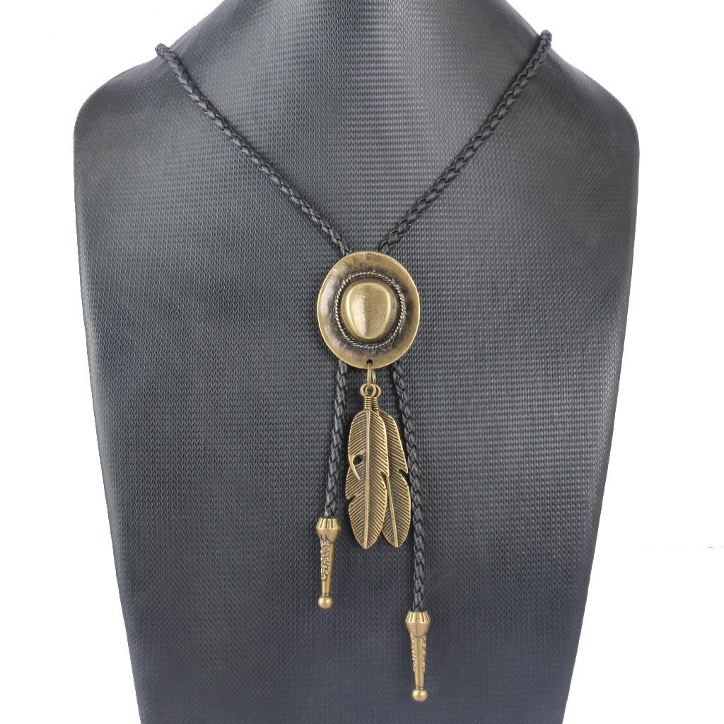 Black PU Leather Western Cowboy Rodeo Bolo Tie Bola Necklace Antique Brass