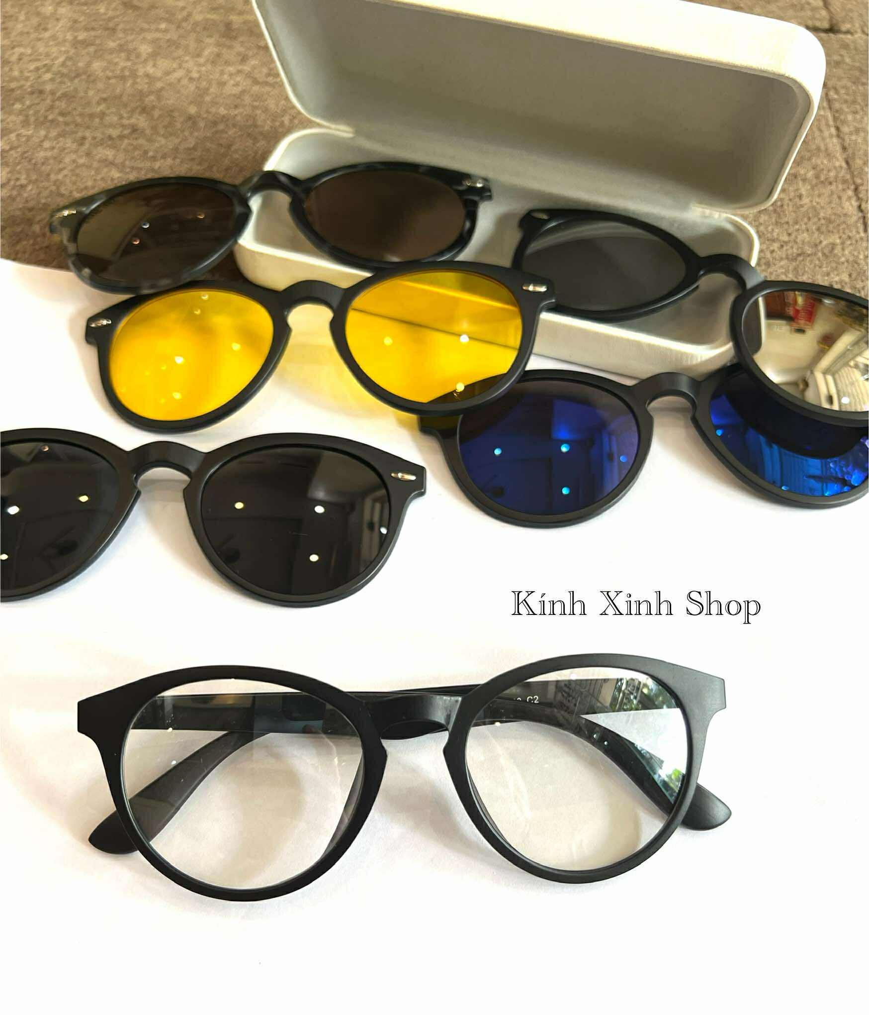 Kính Mắt Nhiều Tròng 6in1, Kính Cận Râm Mắt Tròn Gọng Nhựa Cho Nam Nữ