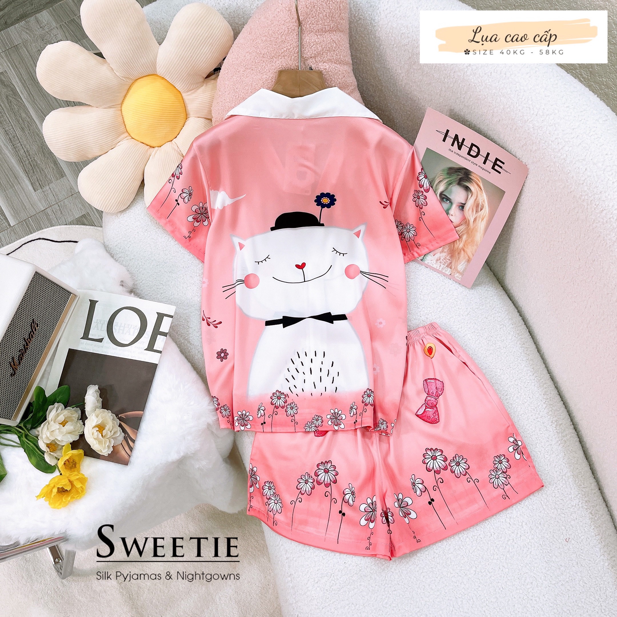 [HCM] (40-58kg) Đồ bộ pijama nữ chất liệu lụa cao cấp đùi TNQN-TNQD-TDQD. gấu lotso-gấu pooh-chuột minnie-vịt daisy-con mèo-mảnh ghép-thỏ dâu-voi con-gấu trắng-doraemon-cún/chó-chim cánh cụt-gấu teddy-cô bé-con mèo