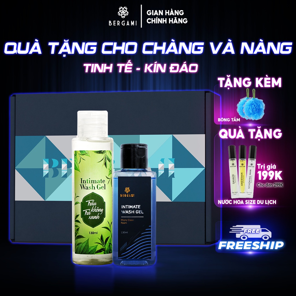 Combo Dung dịch vệ sinh Nam &amp; Nữ Bergami tinh chất trầu trà 130ml/chai, mùi nước hoa khử mùi 130ml/chai