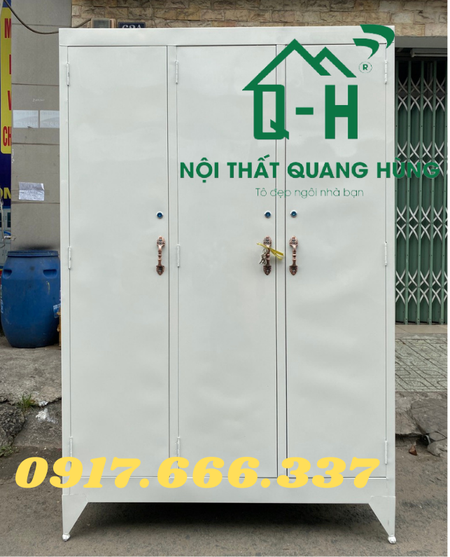 TỦ SẮT ĐỰNG QUẦN ÁO 3 CÁNH MÀU TRẮNG SƠN DẦU KHÔNG GƯƠNG DÀNH CHO GIA ĐÌNH 1M8X1M2X45CM