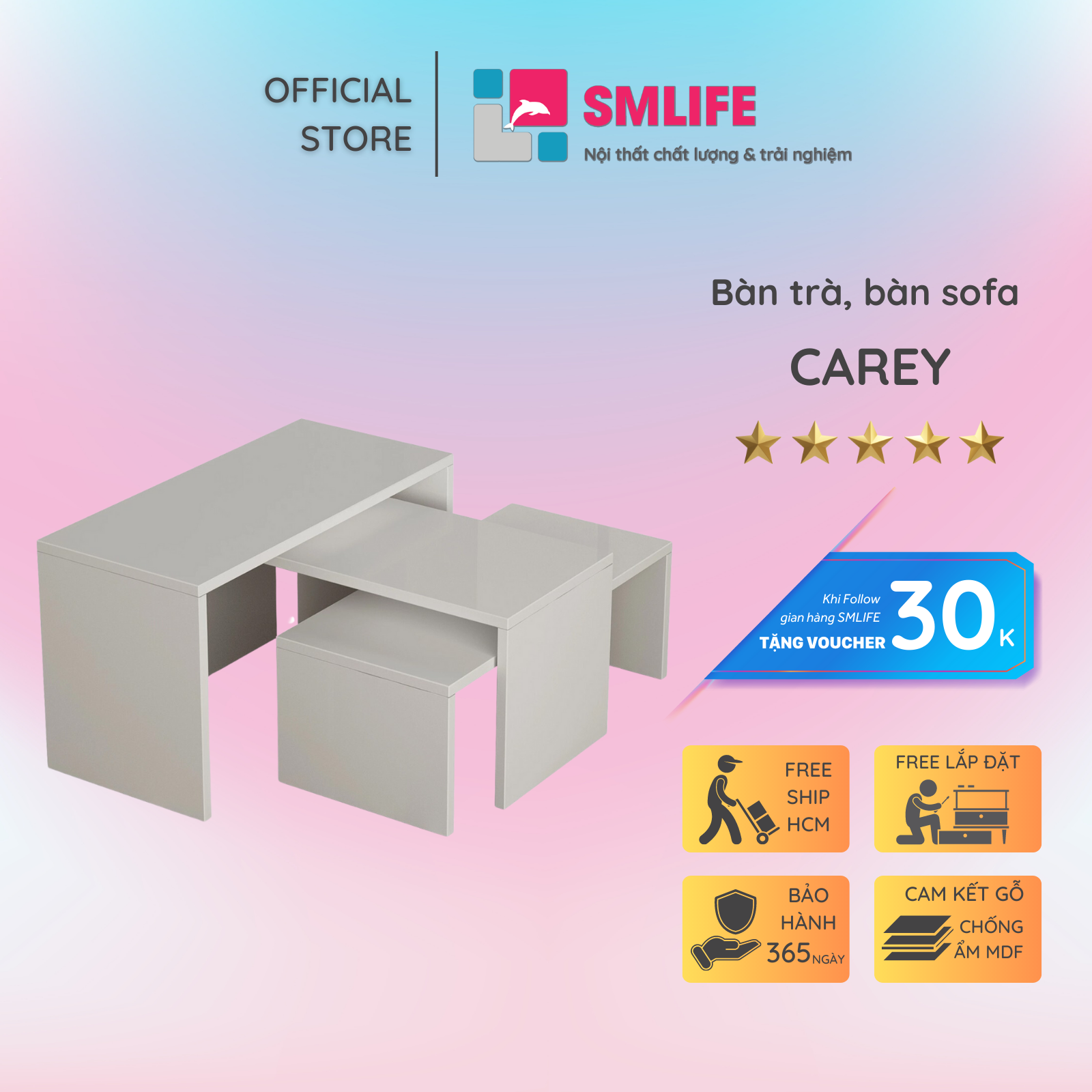 Bàn trà gỗ hiện đại SMLIFE Carey  | Gỗ MDF dày 17mm chống ẩm | D65xR30xC25-40cm - Màu