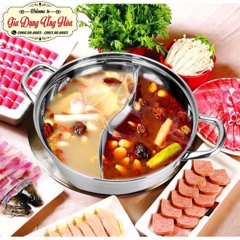 Nồi lẩu 2 ngăn 30cm, nấu được bếp từ nhé có nắp kính
