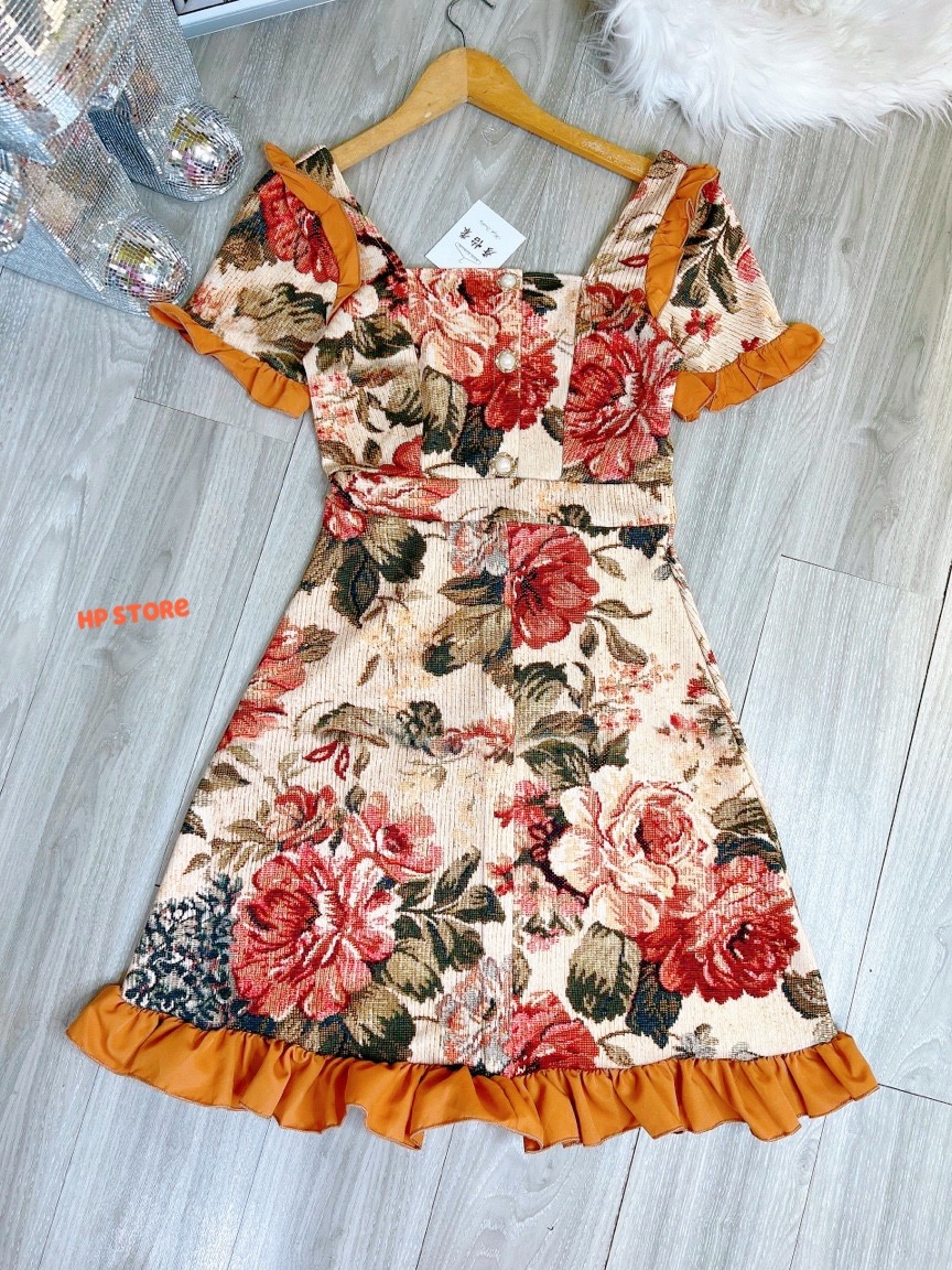 Đầm Váy Nữ Hoa Nâu Đính Ngọc