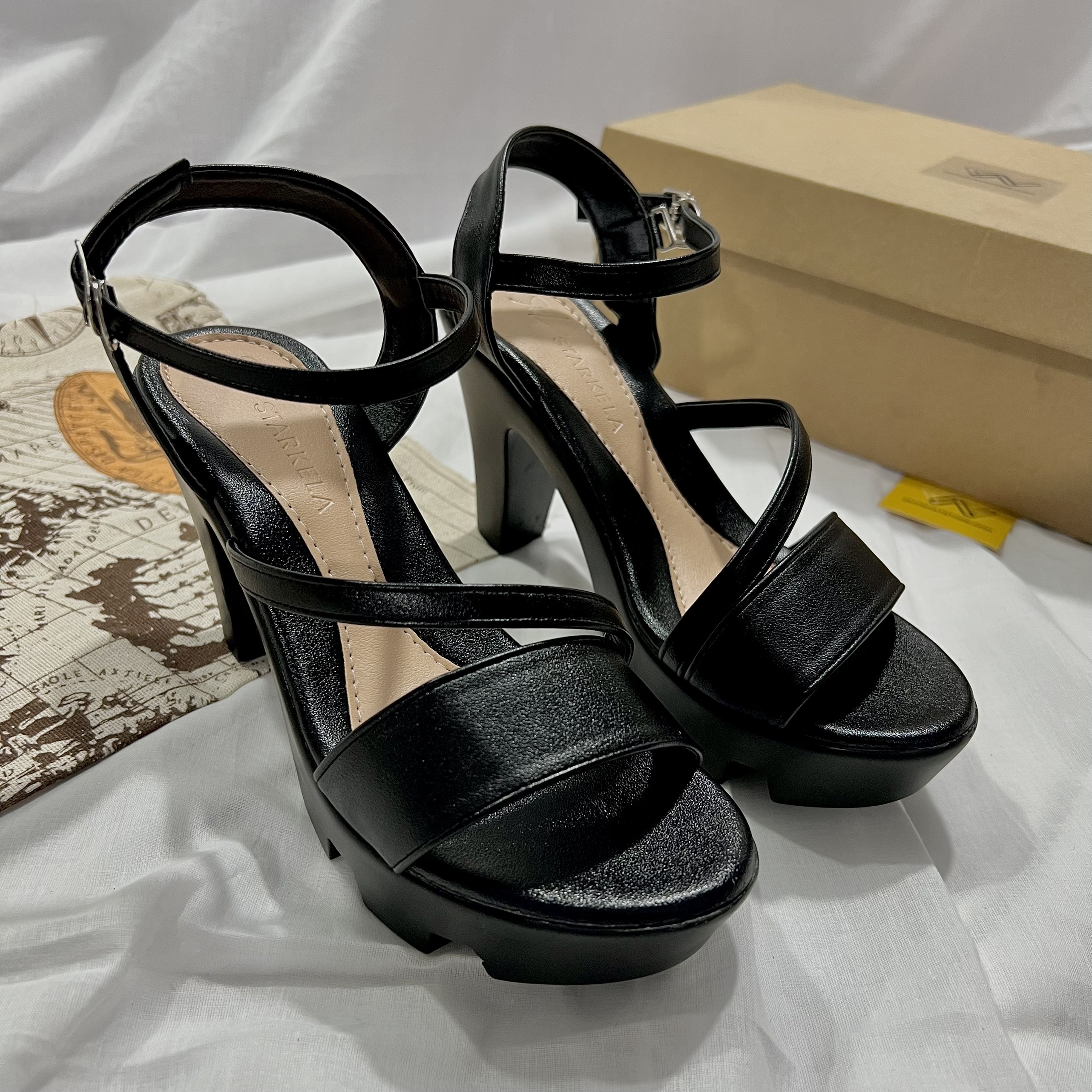 Giày Sandal Đế Dúc Gót Vuông Chiên Binh Dây Duy Nhật Store Phối Dây Ngang Chéo Da Mờ Uzzang Bánh Mì Cao 8cm - 9cm Đen