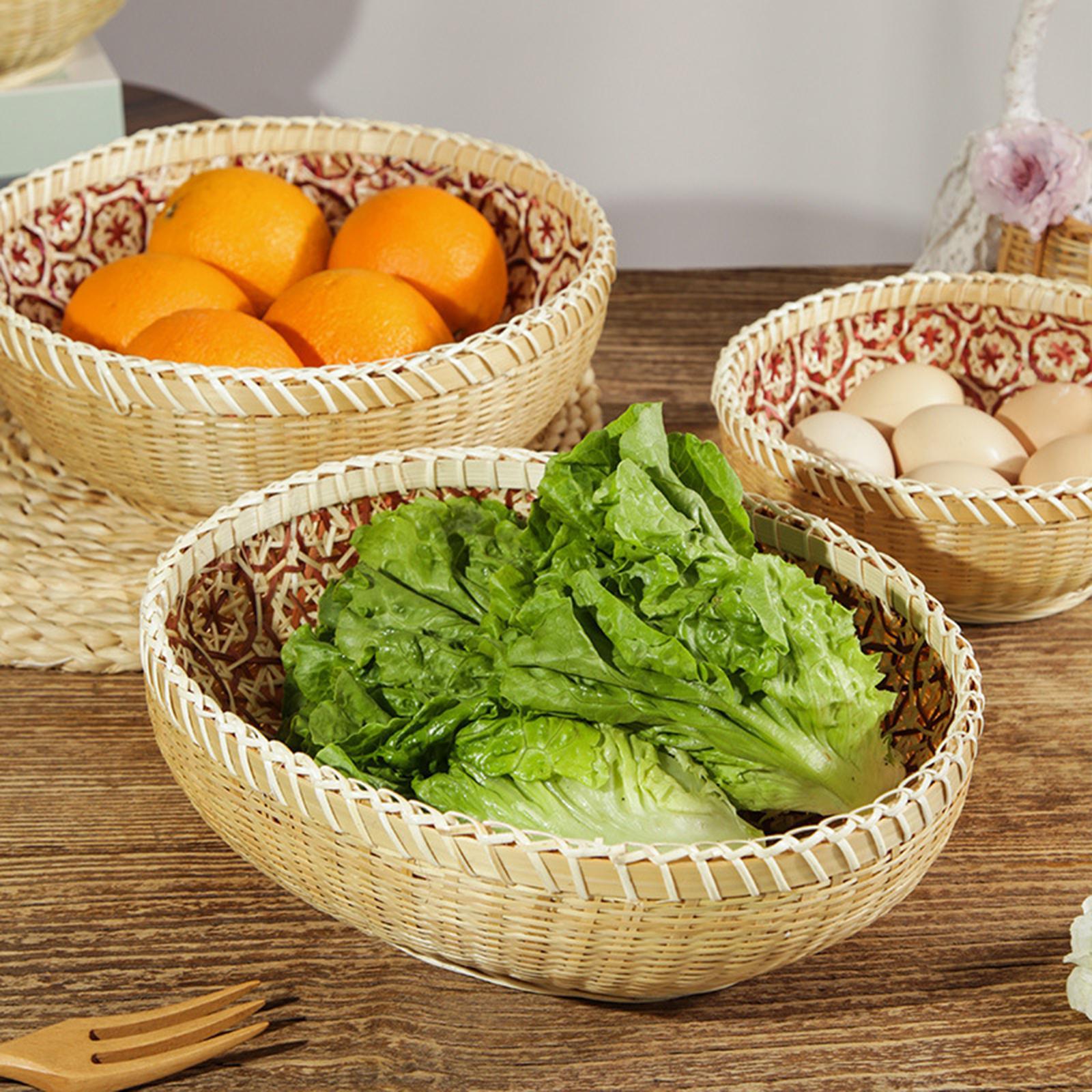 3x Bamboo Woven Basket Rattan Storage Basket Fruit Basket Food Serving Basket for Restaurant, Pantry, Kitchen Organizing