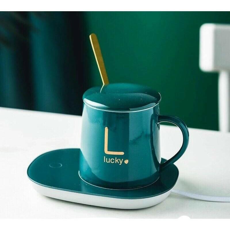 Cốc Hâm Nóng đồ uống kèm đế điện, Bộ Cốc sứ kèm đế điện hâm nóng trà, cafe, hâm sữa + Tặng kèm thìa vàng, hộp