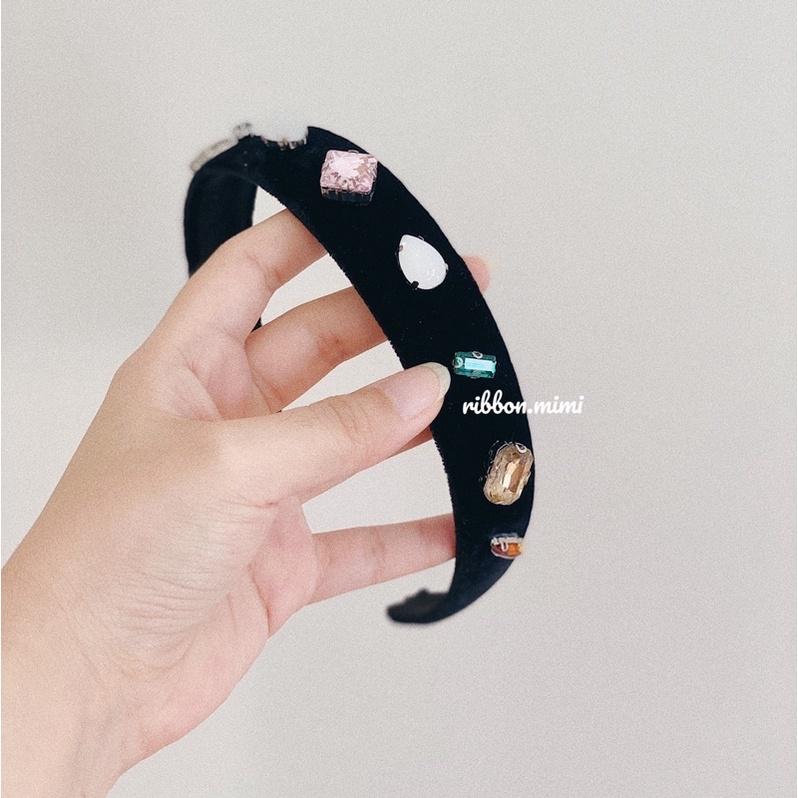 Băng Đô Cài Tóc Bản To Đính Hạt Handmade Vải Nhung Đen Cao Cấp Ribbon.mimi Cài Tóc