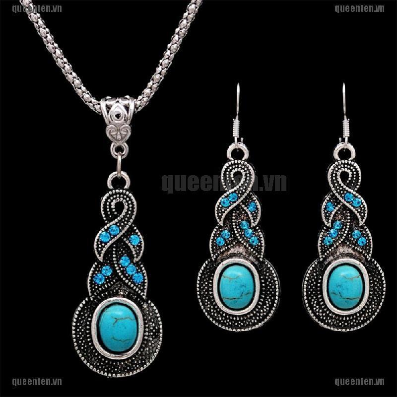 Hot Vintage Elegant Retro Turquoise Dangel Hook Earrings &amp; Necklace Jewelry Sets QUVN