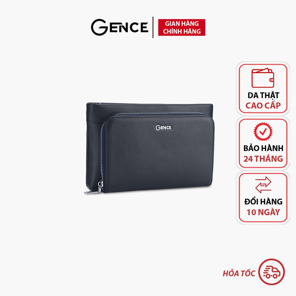 Clutch Da Chính Hãng Ví Cầm Tay Nam GENCE HT17 Da Bò Cao Cấp Màu Xanh Navy