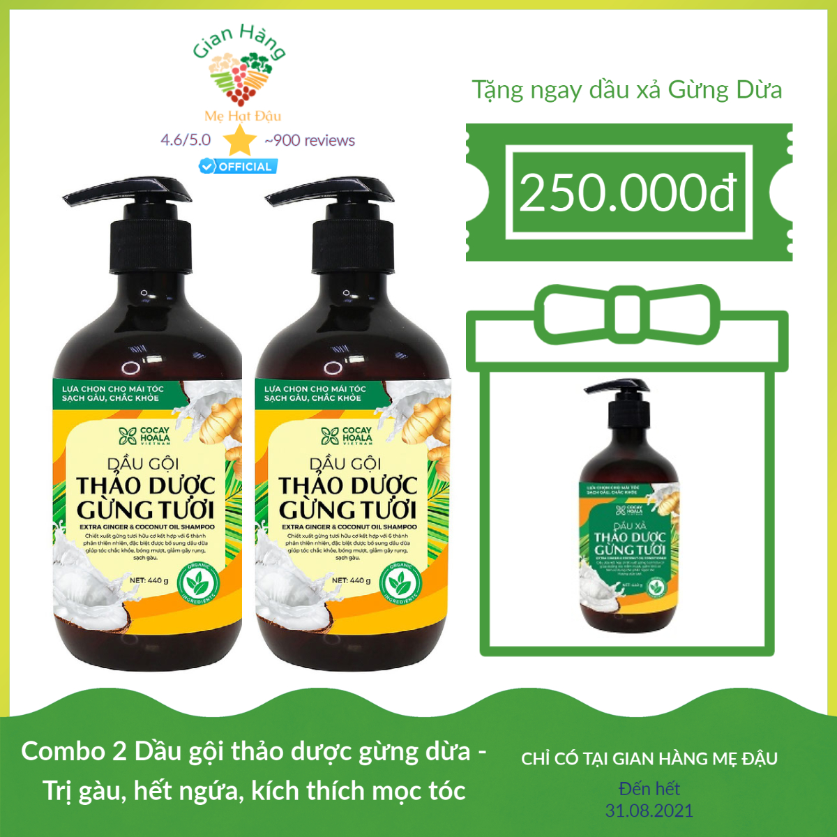 Combo 2 Dầu gội thảo dược gừng dừa Cocayhoala giảm rụng tóc, kích thích mọc tóc vượt trội, đặc biệt chăm sóc an toàn cho mẹ bầu mẹ sau sinh