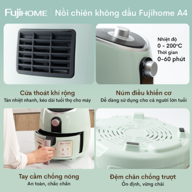 Nồi chiên không dầu Fujihome A4 dung tích 5L, Chất liệu nhựa cao cấp bền đẹp, Đa dạng chức năng nướng, Hàng chính hãng bảo hành 24 tháng