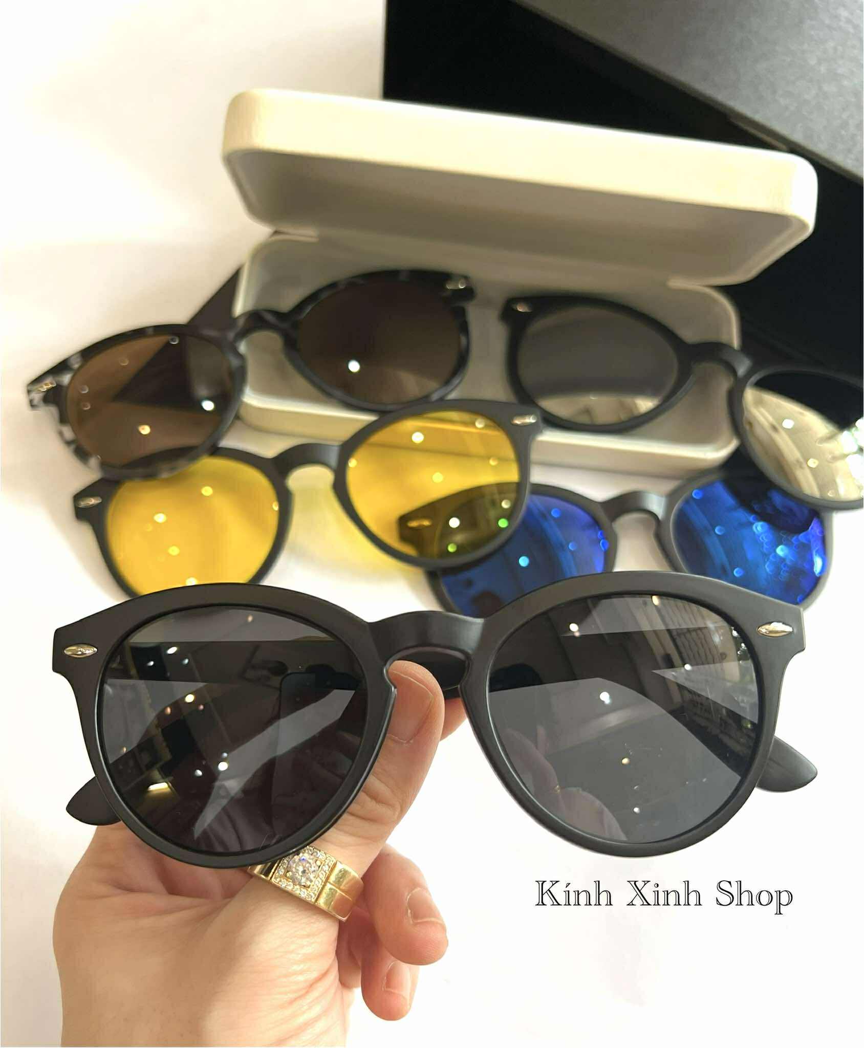 Kính Cận Râm Nhiều Tròng 6in1 Đa Năng Dáng Mắt Tròn Gọng Nhựa Màu Đen Thiết Kế Đơn Giản Cho Nam Nữ