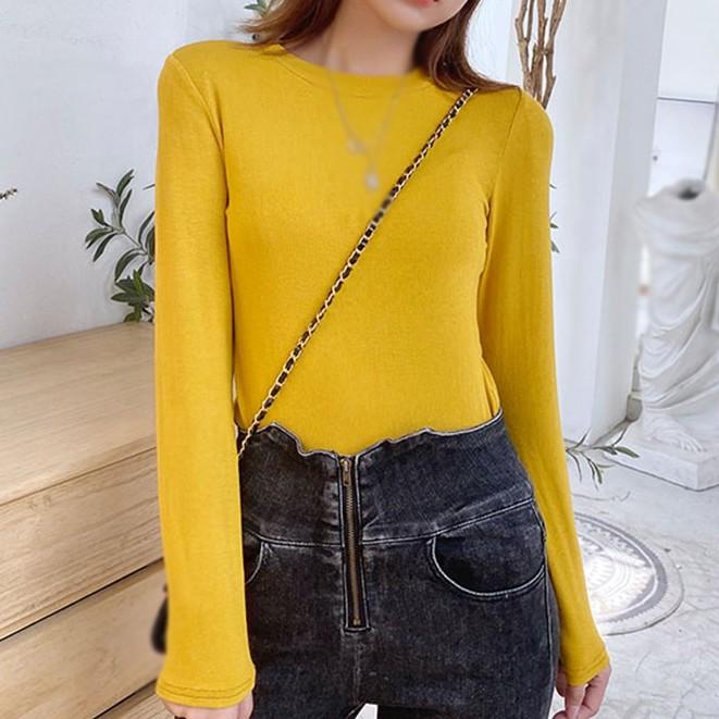 Áo Thun Tay Dài Cổ Tròn Màu Trơn Thiết Kế Đơn Giản Dành Cho Nữ