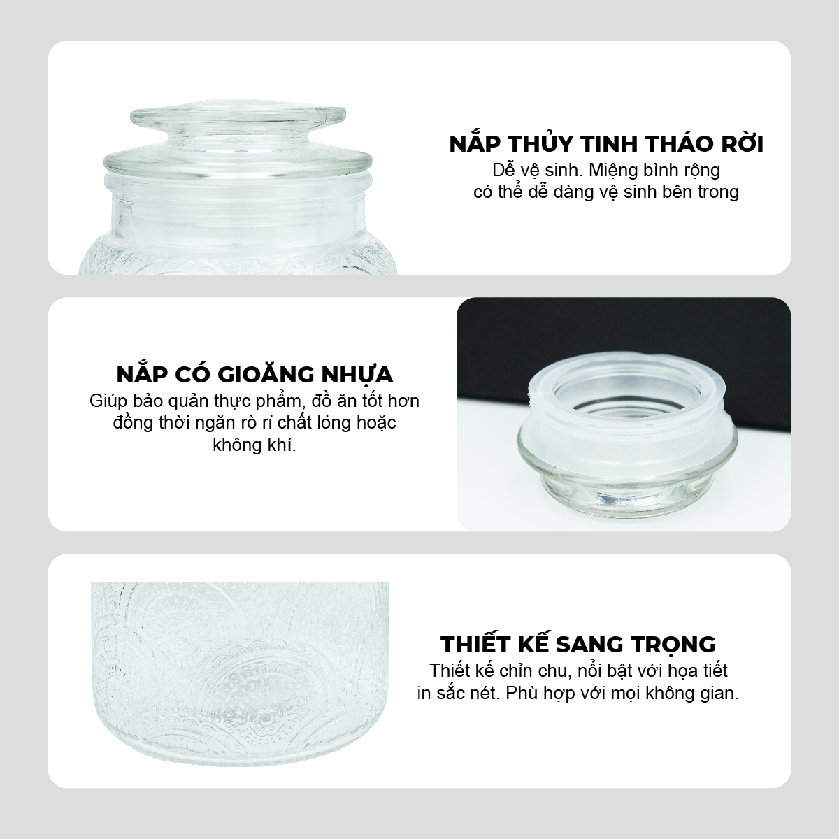 Bộ 3 Hũ Thủy Tinh Đựng Thực Phẩm Lebenlang LBL1210, Nắp Kín, Hoa Văn, Dung Tích 1L, 1.3L, 1.5L - hàng chính hãng