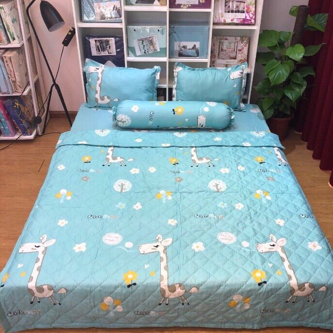 Set 5 món chăn hè ga chun Cotton Poly - Hươu Xanh - Tặng kèm 1 móc khóa Houston
