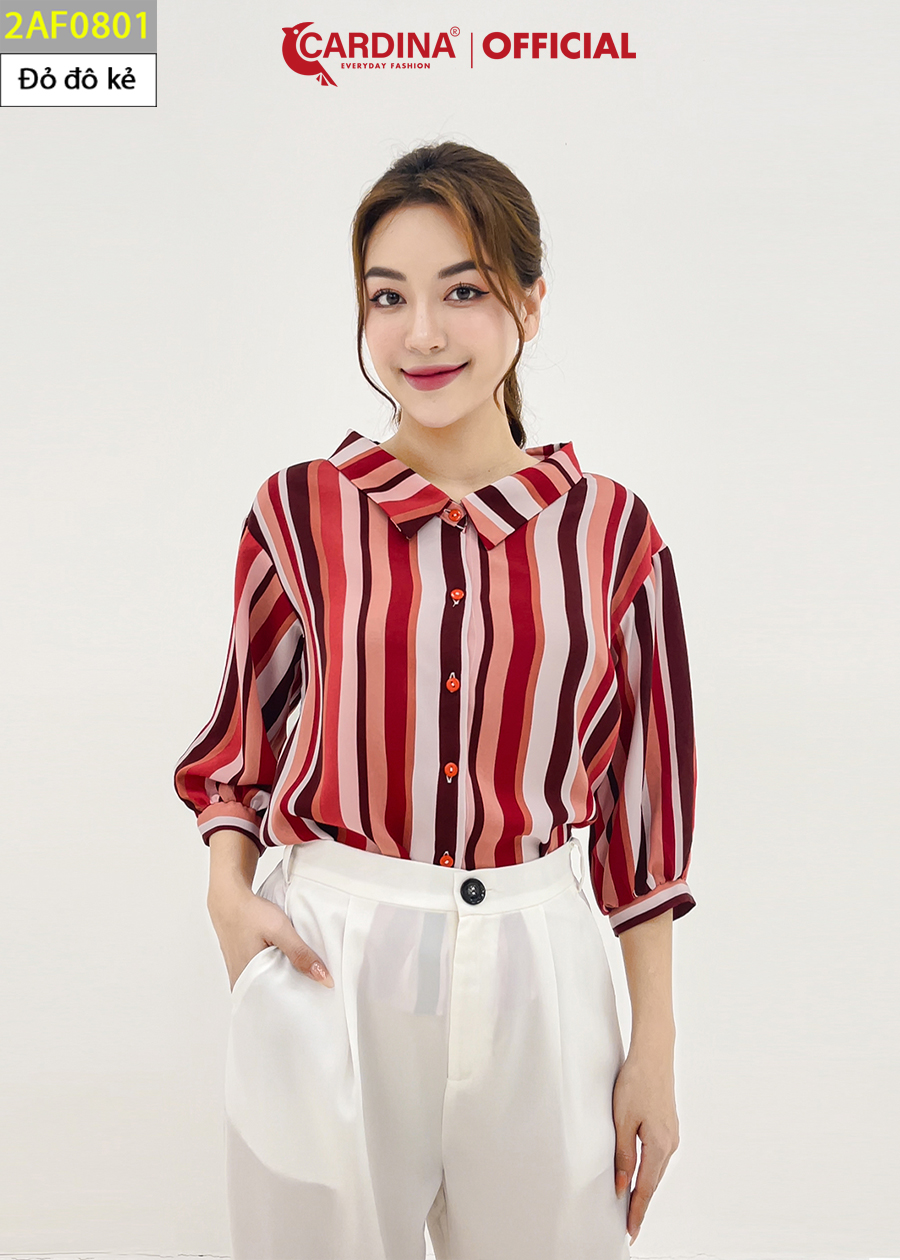Áo Sơ Mi Nữ CARDINA 4 Màu Kẻ Chất Lụa Mango Cao Cấp Cổ Đức Cách Điệu Tay Lỡ Bo Trẻ Trung 2AF08
