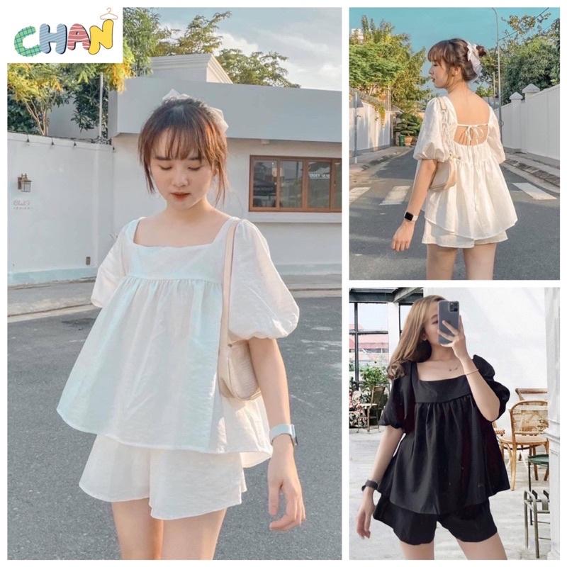 Sét Đồ Baby Doll Thắt Nơ Lưng Sau 2 Màu Đen Trắng, Sét Bera Màu Trắng Tiểu Thư Siêu Mát Chan House