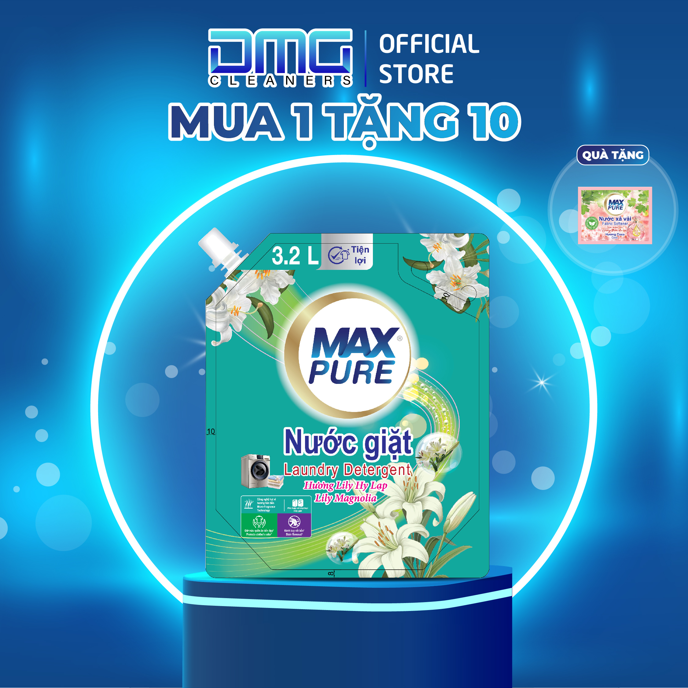 Túi nước giặt Maxpure Hương Lily Hy Lạp 3,2L - TẶNG 1 dây 10 gói nước xả hương CoCo