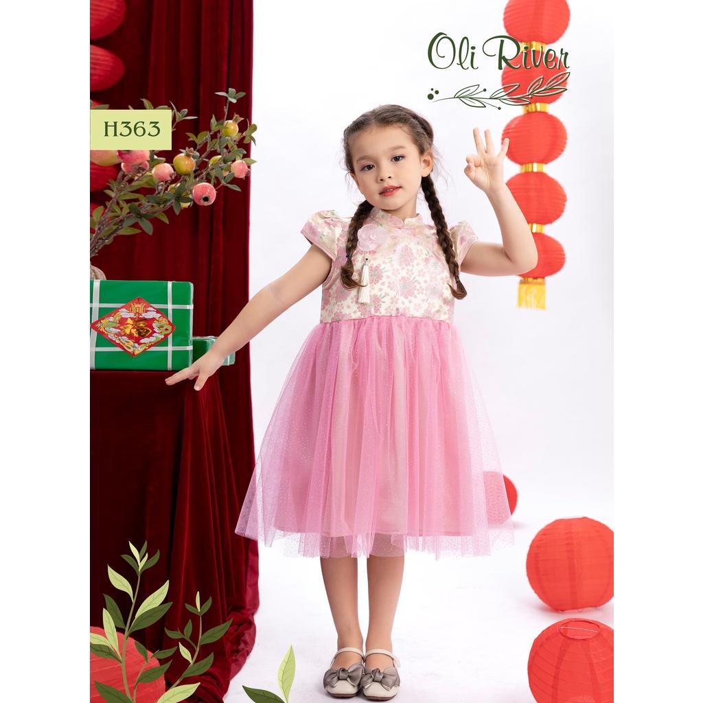 Đầm sườn xám cho bé gái mặc tết dự tiệc tone đỏ hồng xinh xắn size 12-35kg hàng thiết kế cao cấp