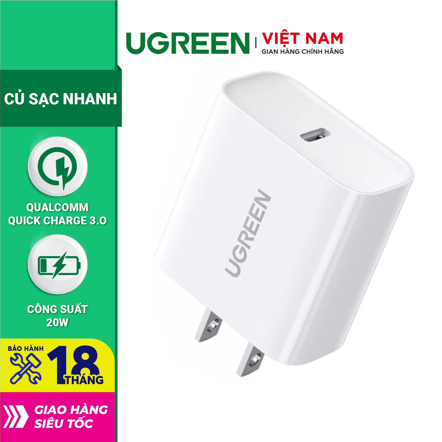 Sạc nhanh UGREEN CD137 60449 1 cổng USB Type C Hỗ trợ PD QC 4.0 3.0 tối đa 18W cho iPhone 12 / Samsung - Hàng chính hãng