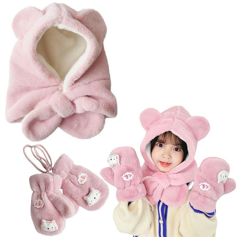 Trẻ Em Nón Mũ Trùm Khăn Mùa Đông Nón Trẻ Em Găng Tay Bộ Hoạt Hình Gấu Ấm Bé Nón Cho Bé Gái Bé Trai Mũ Khăn găng Tay 1-10Y