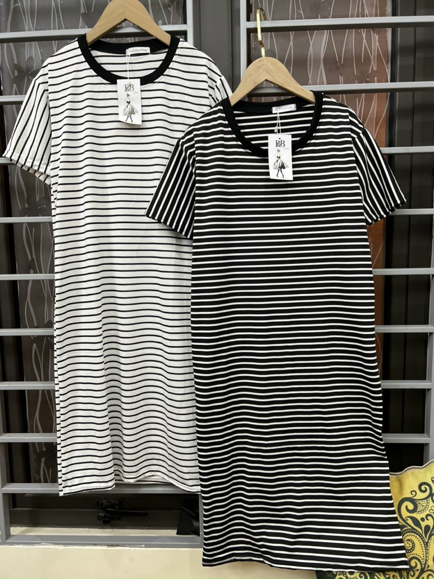 Váy suông dáng dài kẻ đen trắng, đầm suông tay lỡ vải cotton