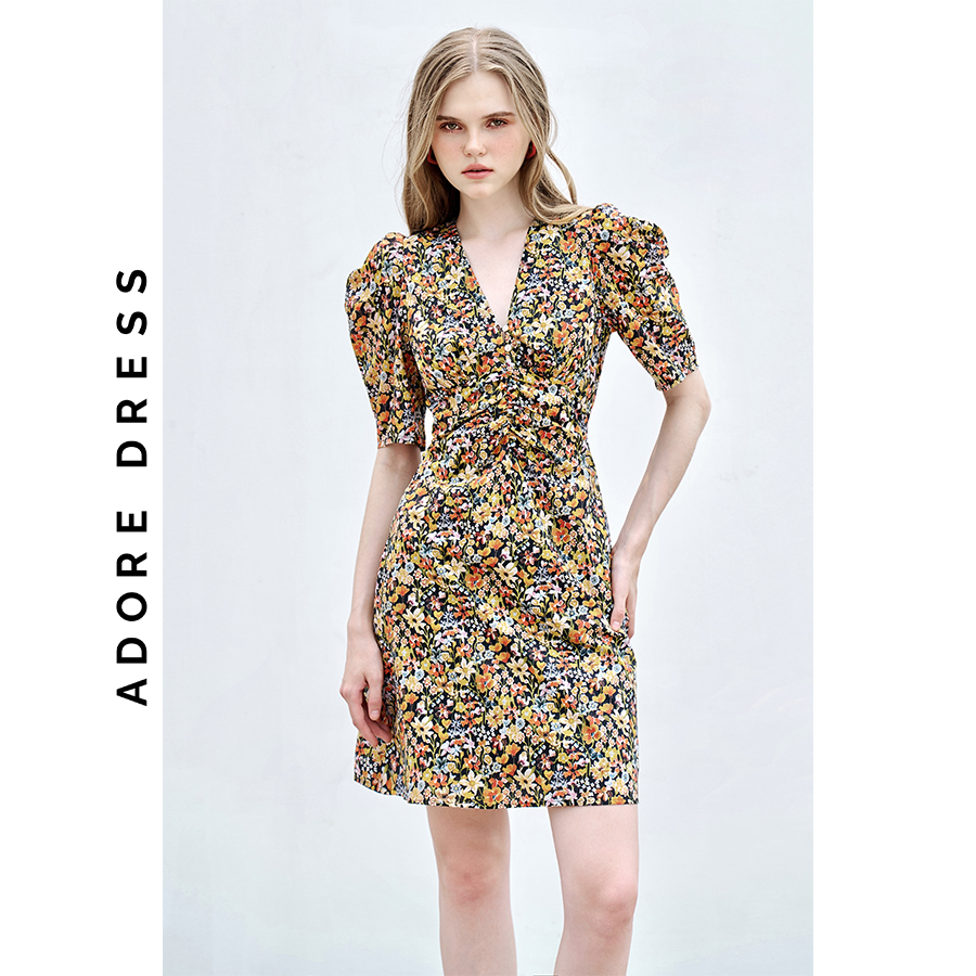 Đầm Mini dresses thô lụa đen hoa nhỡ nhún eo 311DR1006 ADORE DRESS