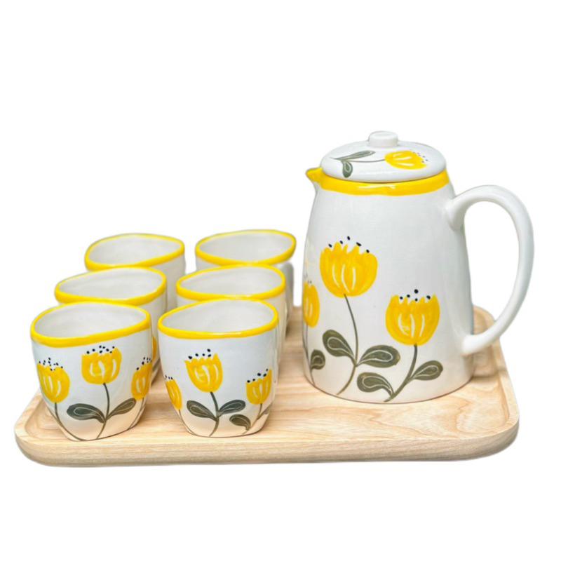 Bộ bình nước bình trà gốm Bát tràng hoạ tiết dễ thương hình hoa, dưa hấu - Bình 1 lít + cốc 180ml - Gốm sứ Bát tràng