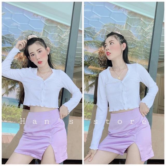 Áo croptop cổ V tay dàu nút giả thun gân