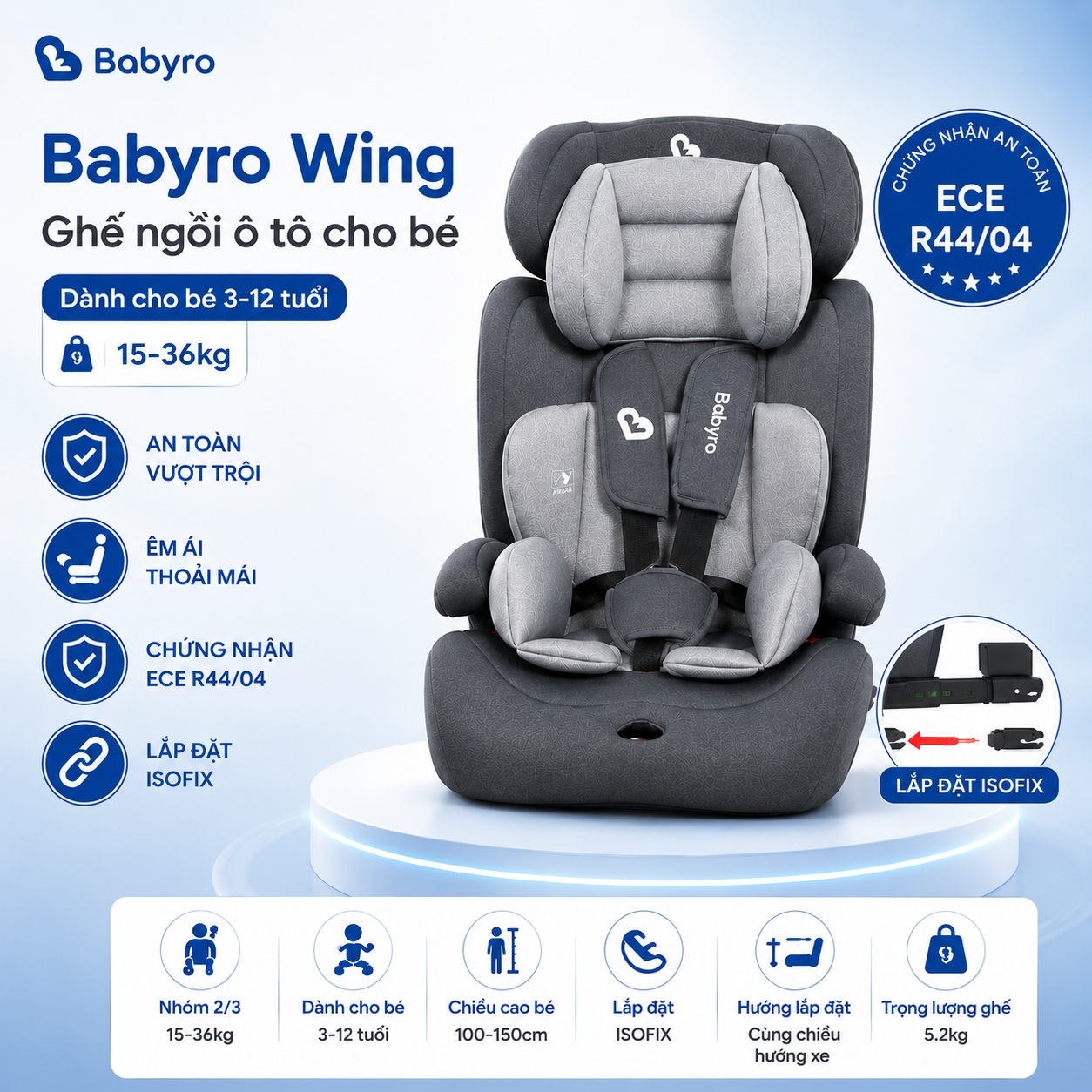Ghế ngồi ô tô Babyro Wing, cho bé 3-12 tuổi, lắp đặt isofix, gấp gọn - hàng chính hãng