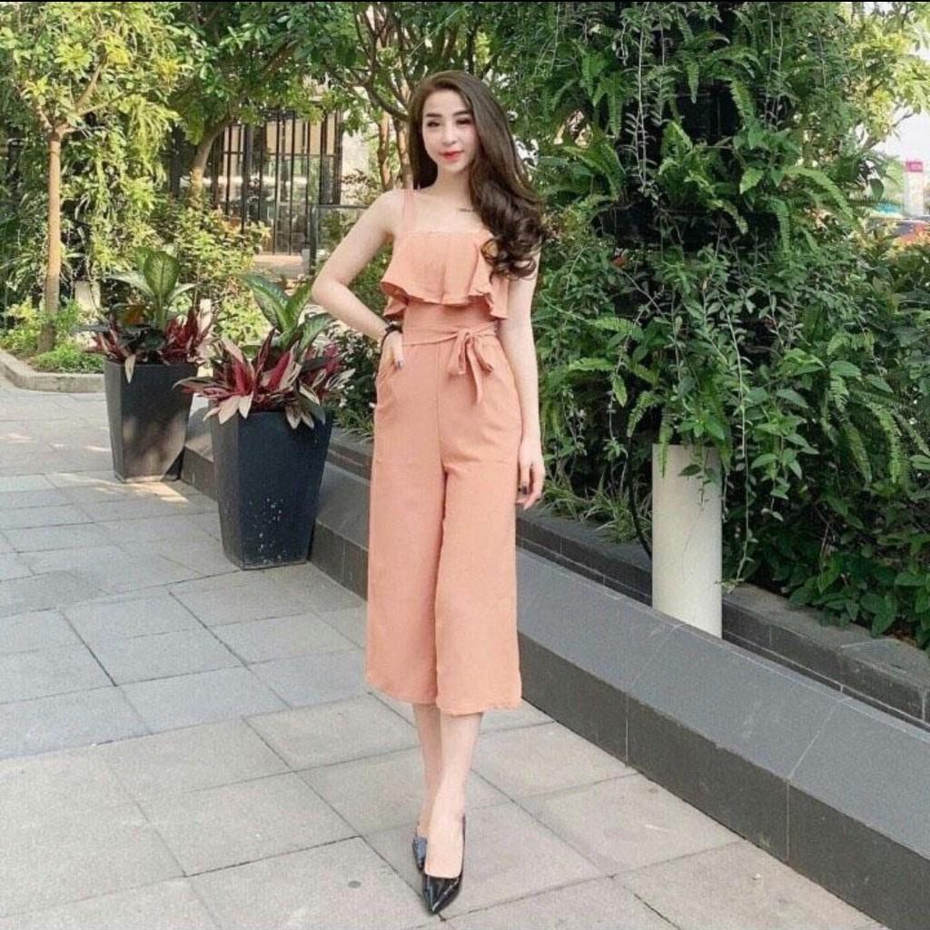 Jumpsuit dài ống suông sẻ thắt nơ eo xinh xắn ( có mút ngực )