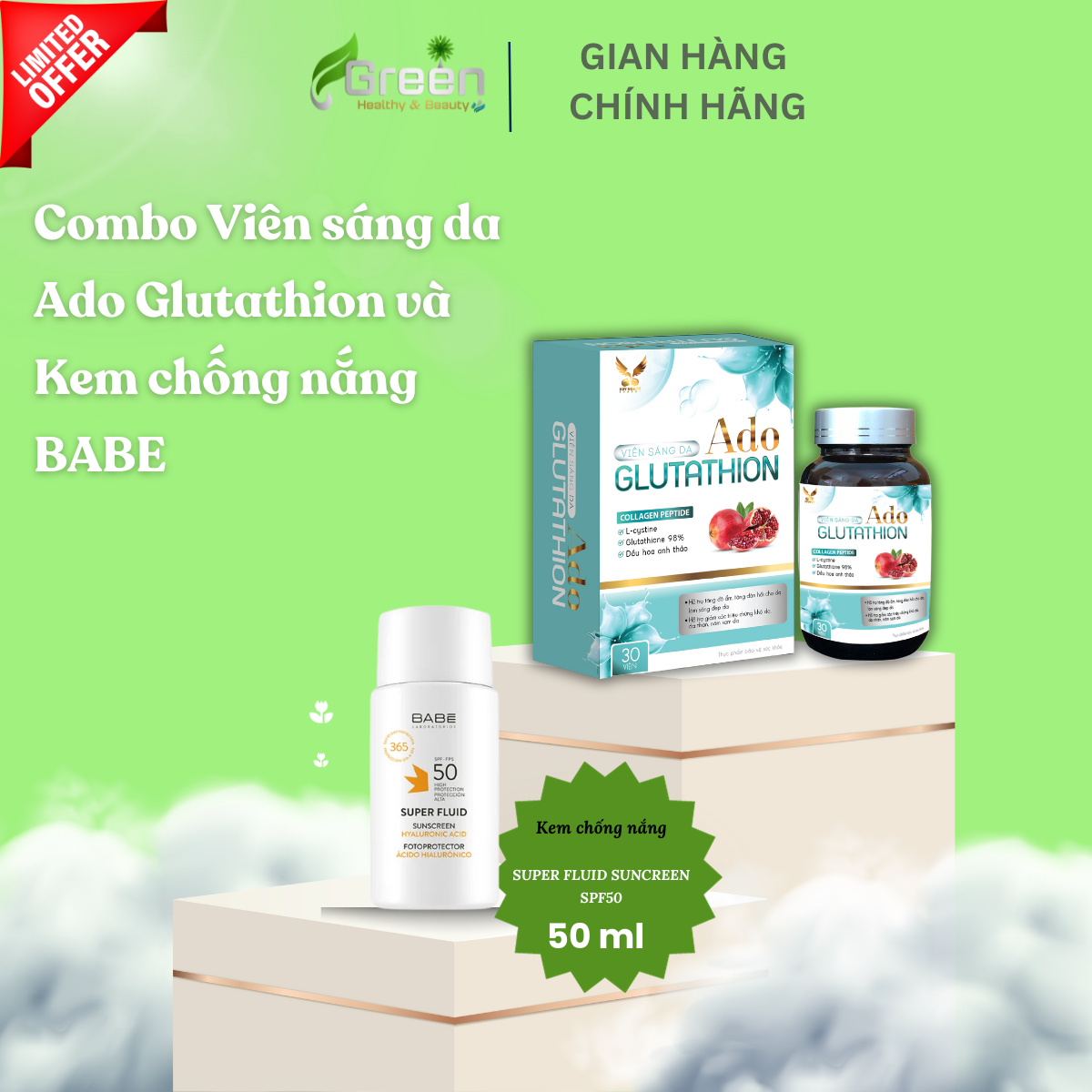 COMBO Viên sáng da Ado Glutathion và Kem chống nắng BABE Super Fluid Sunscreen SPF50