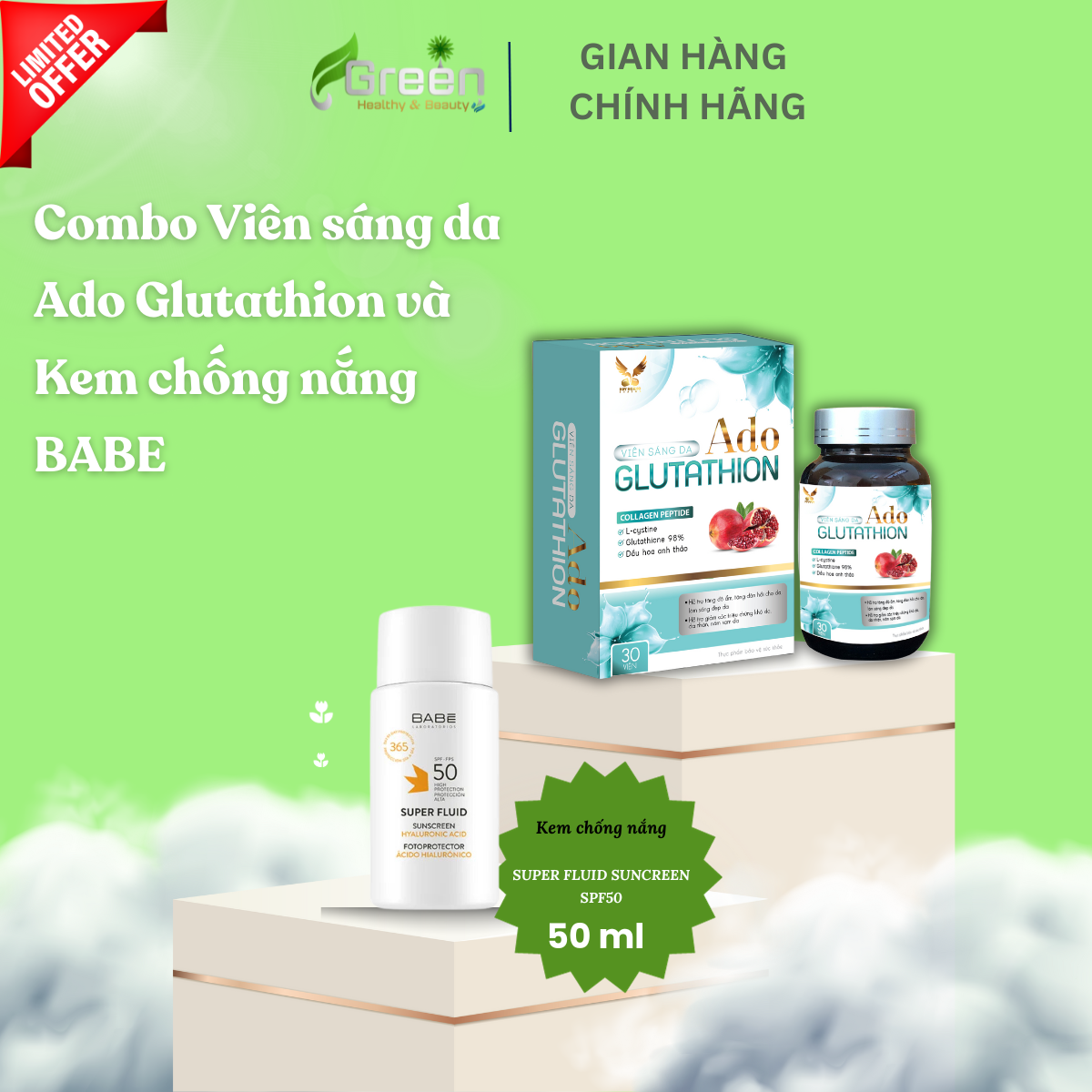 COMBO Viên sáng da Ado Glutathion và Kem chống nắng BABE Super Fluid Sunscreen SPF50 (50ml)