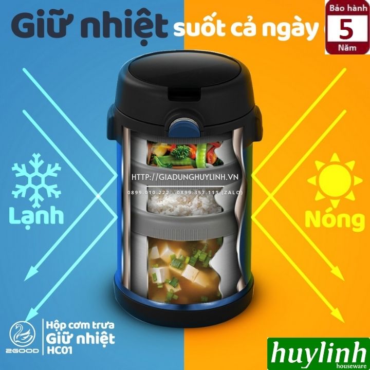 Hộp cơm giữ nhiệt 3 ngăn 2Good HC01 - 2 lít - Tặng túi xách - Hàng chính hãng