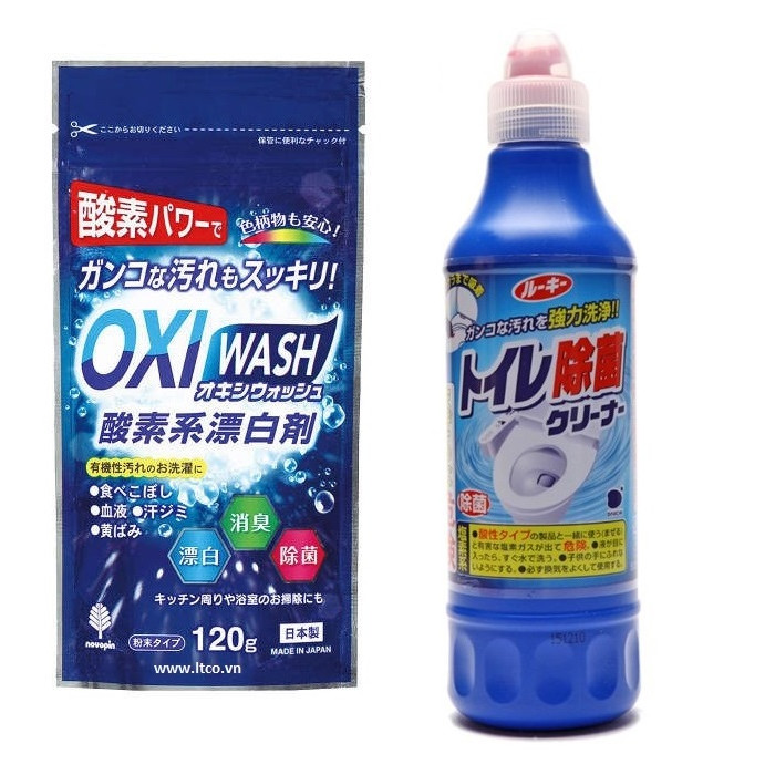 Combo 01 Túi/Hộp bột giặt tẩy đa năng Oxy Wash + 01 Chai nước tẩy ố, khử mùi bồn cầu siêu đậm đặc 500ml - Nội địa Nhật Bản