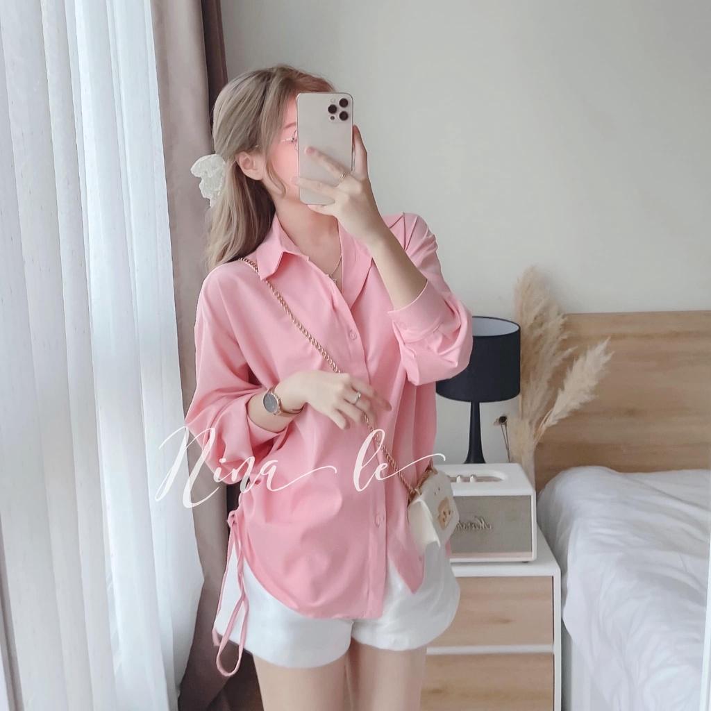 Sét bộ sơ mi dài tay rút dây phối quần đùi xinh xắn thời trang nữ dạo phố, đi biển
