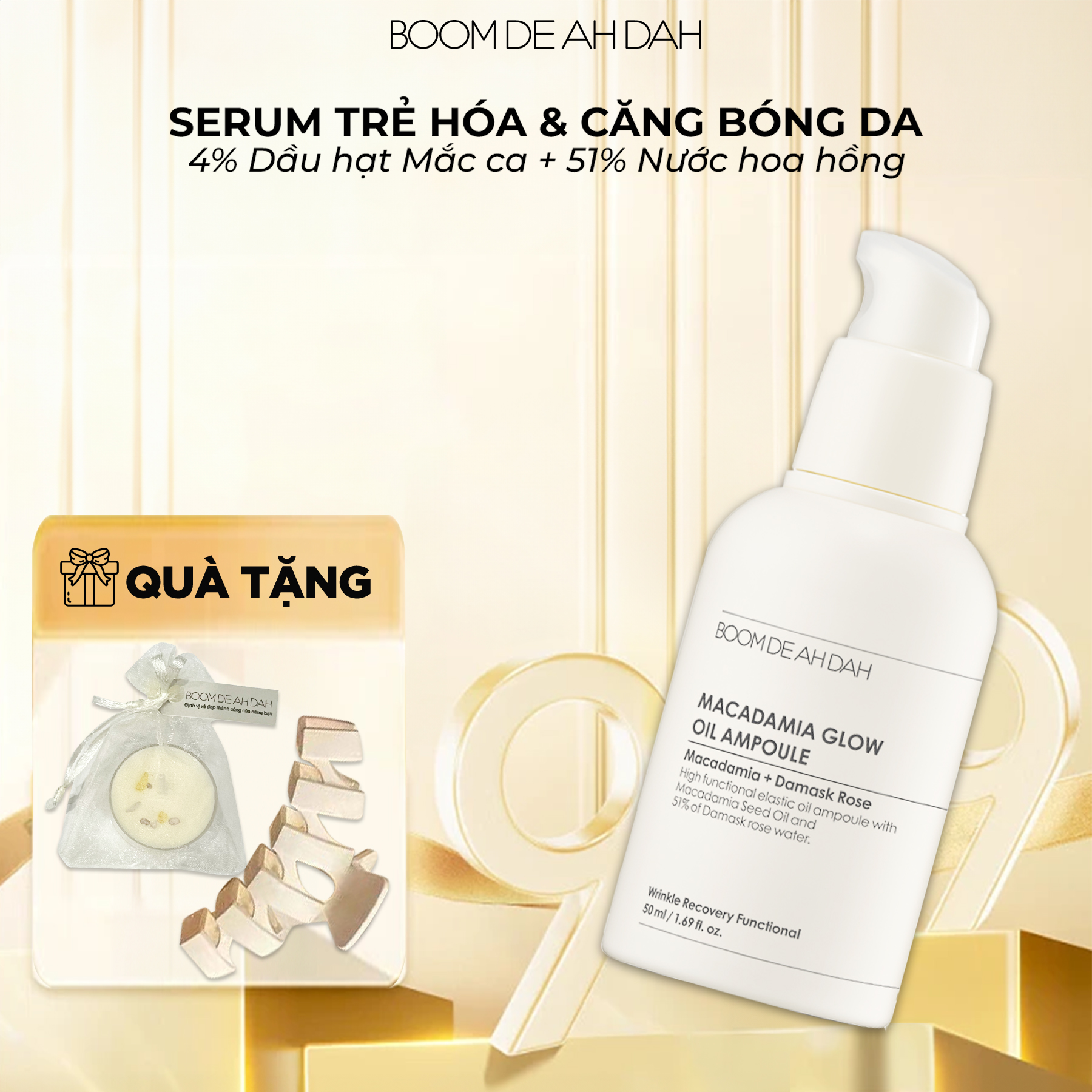 Serum Trẻ Hóa Căng Bóng Da Boom De Ah Dah Nước Hoa Hồng Damascena 51% + Dầu hạt Mắc Ca 4% Ampoule 50ml