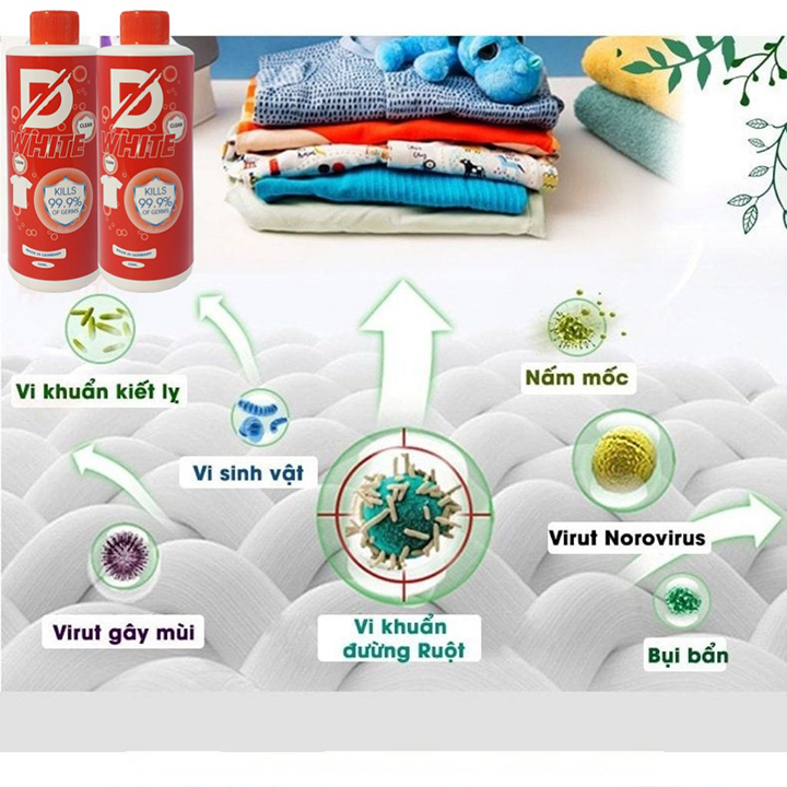 Chai Tẩy Trắng Quần Áo D-White, Tẩy Mốc, Ố Vàng, Không Phai Màu Vải Đánh Bay Mọi Vết Bẩn