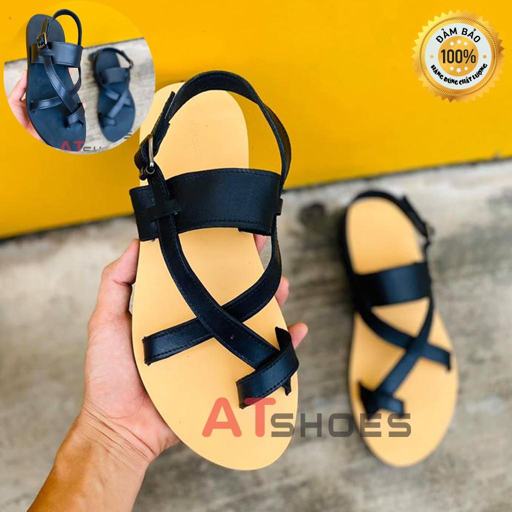 Dép Sandal Unisex cc Da Bò Thật Sandal xỏ ngón nam nữ chuẩn kiểu HQ Trẻ Trung - XDxn203(Đen- đế vàng)