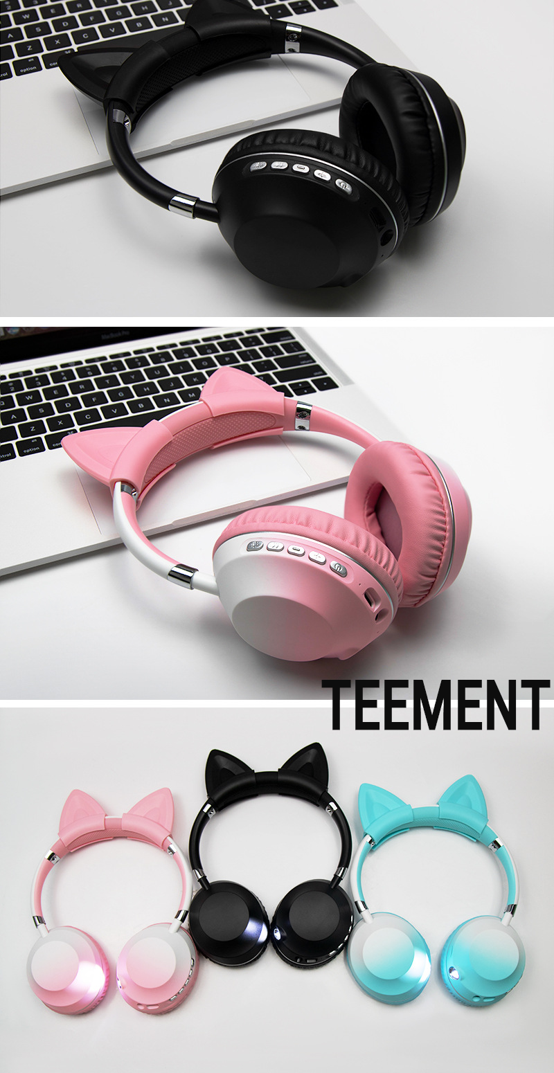 Tai Nghe Bluetooth Tai Mèo Cao Cấp Teement, Có Đèn Pin Tiện Lợi, Tai Nghe Không Dây, Tai Nghe Chụp Tai, Có Đèn Led Nghe Nhạc Chơi Game Đàm Thoại Dùng Được Cho Điện Thoại, Laptop, Máy Tính Tai Nghe Mèo Có Mic Hỗ Trợ Điều Chỉnh Âm Lượng - Hàng Chính Hãng