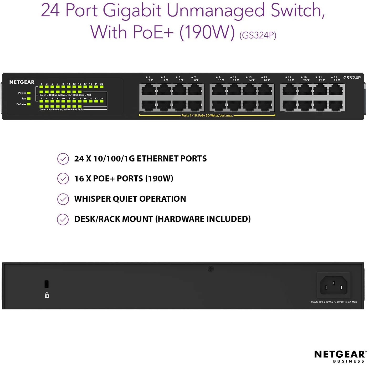 Bộ Chia Mạng Để Bàn 24 Cổng 10/100/1000M Với 16 Cổng PoE Gigabit Ethernet Unmanaged Switch Netgear GS324P - Hàng Chính Hãng